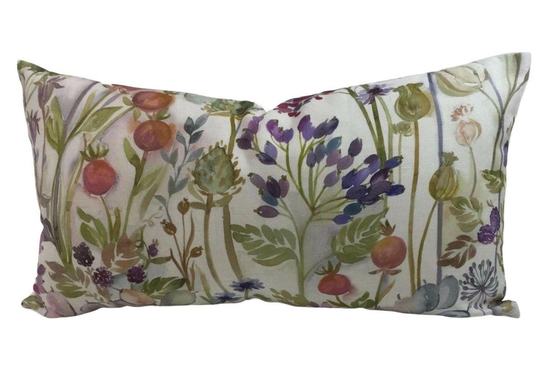 Voyage - Country Hedgerow - Cream - Rustic Watercolour Floral Meadow Cushion Cover - Handmade Throw Pillow - Traditional Designer Home Decor.