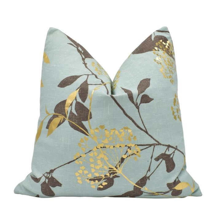 Harlequin - Fusion - Aqua / Gold / Coffee - Chic Gold Metallic Floral Designer Cushion Cover - Luxury Throw Pillow - Handmade Home Decor.