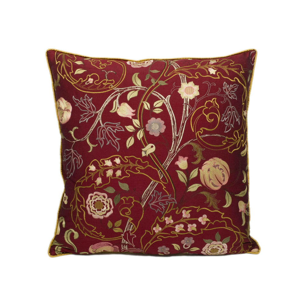 William Morris - Mary Isobel Embroideries - Wine / Rose - Contrast Piped Cushion Cover Throw Pillow Designer Home Decor.