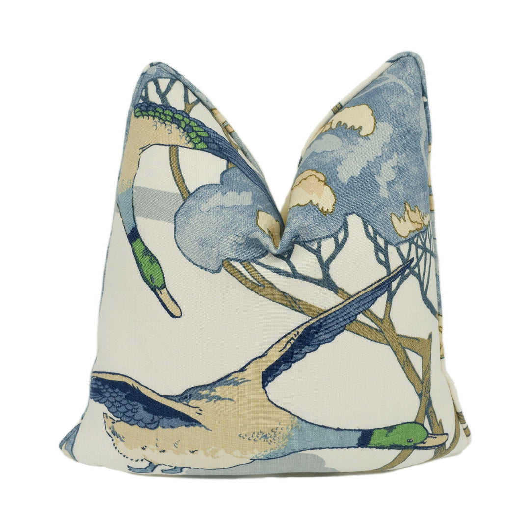 Mulberry - Flying Ducks - Blue - Majestic Mallard Duck Art Deco Designer Cushion Cover - Luxury Throw Pillow - Handmade Home Decor.