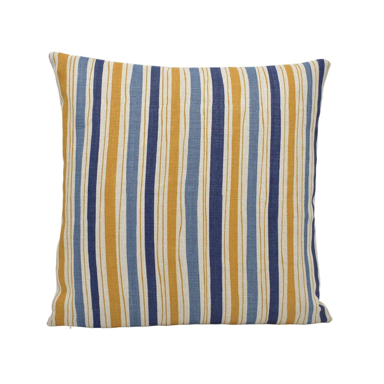 a yellow and blue striped pillow on a white background