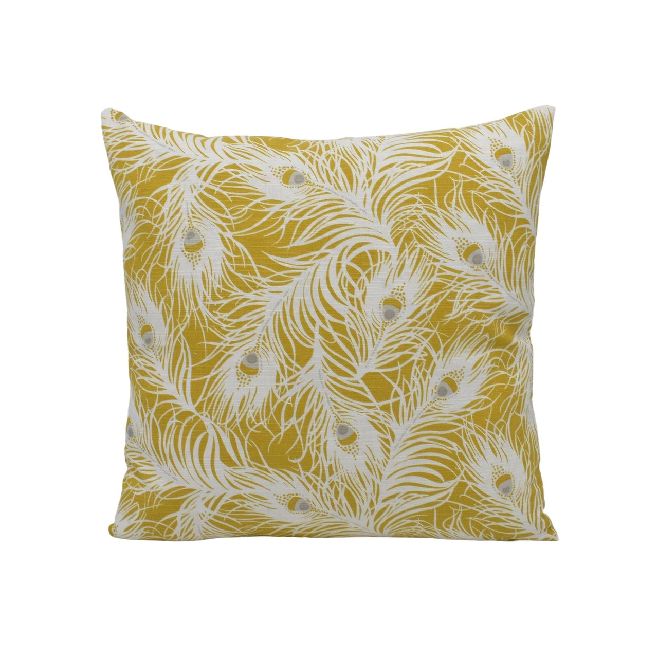 a yellow pillow with white feathers on it