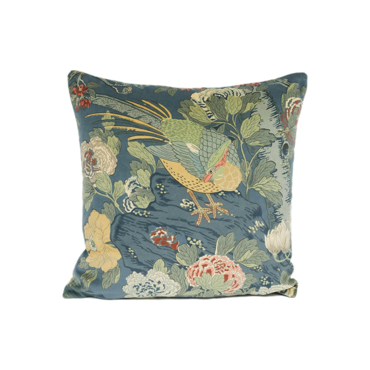 GP & J Baker - Rockbird Velvet - Teal - Exotic Magnolia Tree Pheasant Designer Cushion Cover - Luxury Throw Pillow - Handmade Home Decor.