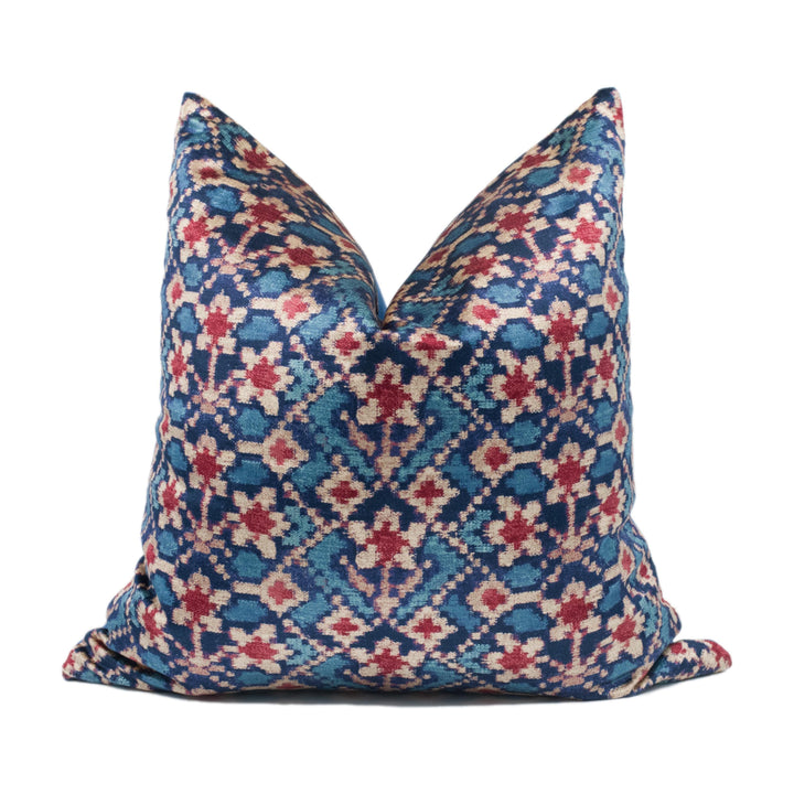 Carolina Irving - Almaty Velvet - Red / Blue - Retro Geometric Floral Designer Velvet Cushion Cover - Luxury Throw Pillow - Handmade Home