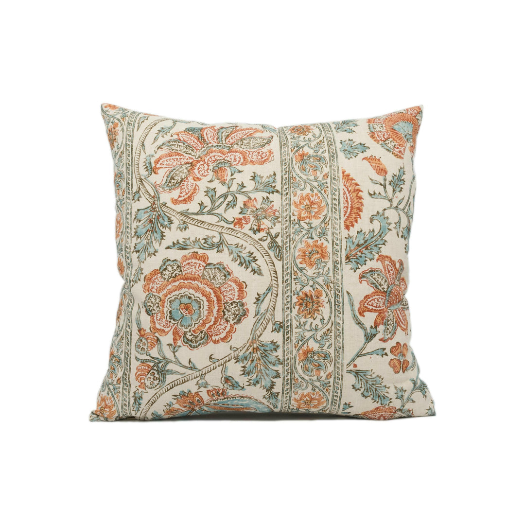 Lisa Fine Textiles - Zahra - Apricot / Teal - Pretty Classic Style Floral Cushion Cover - Handmade Throw Pillow - Designer Home Décor.