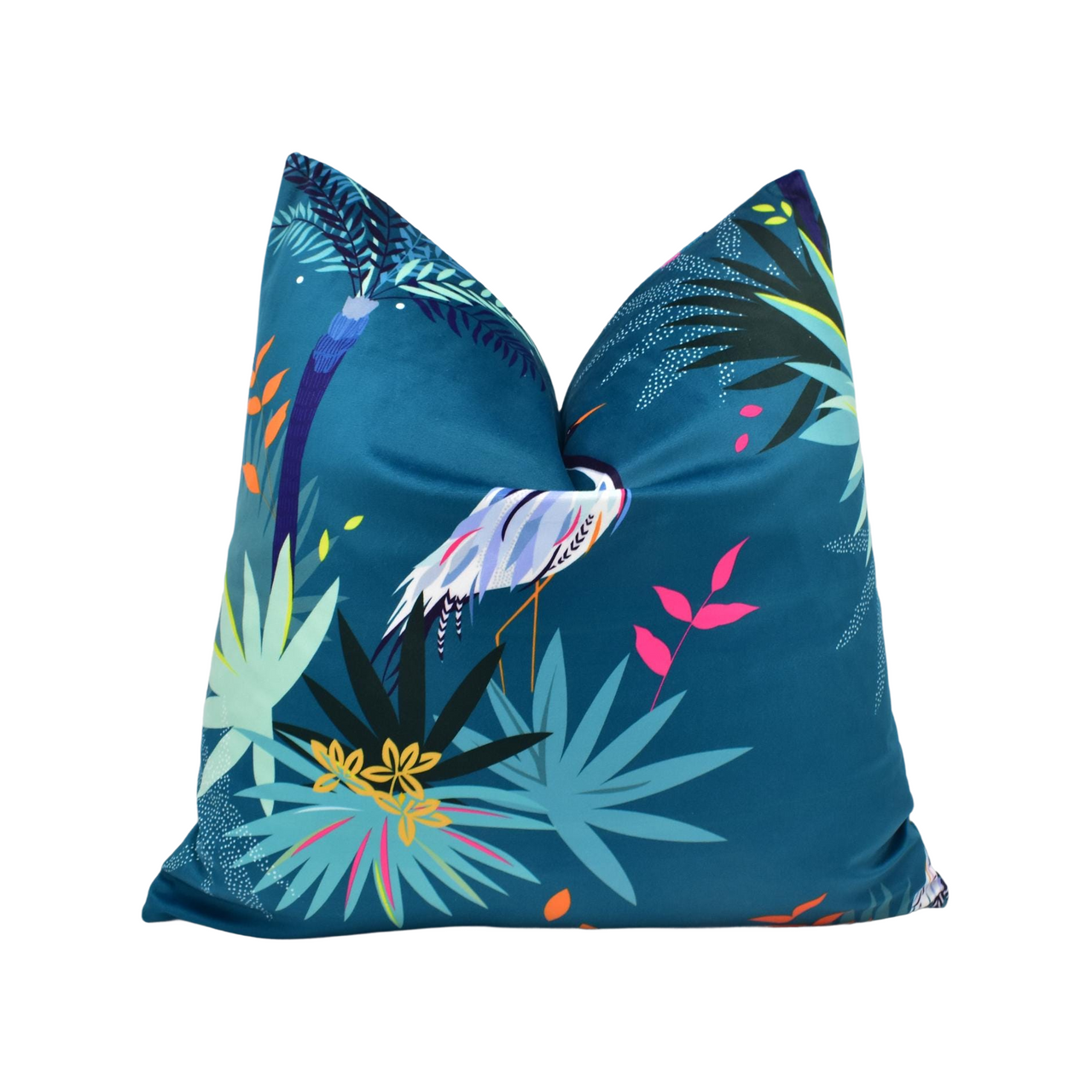 a blue pillow with a bird on it