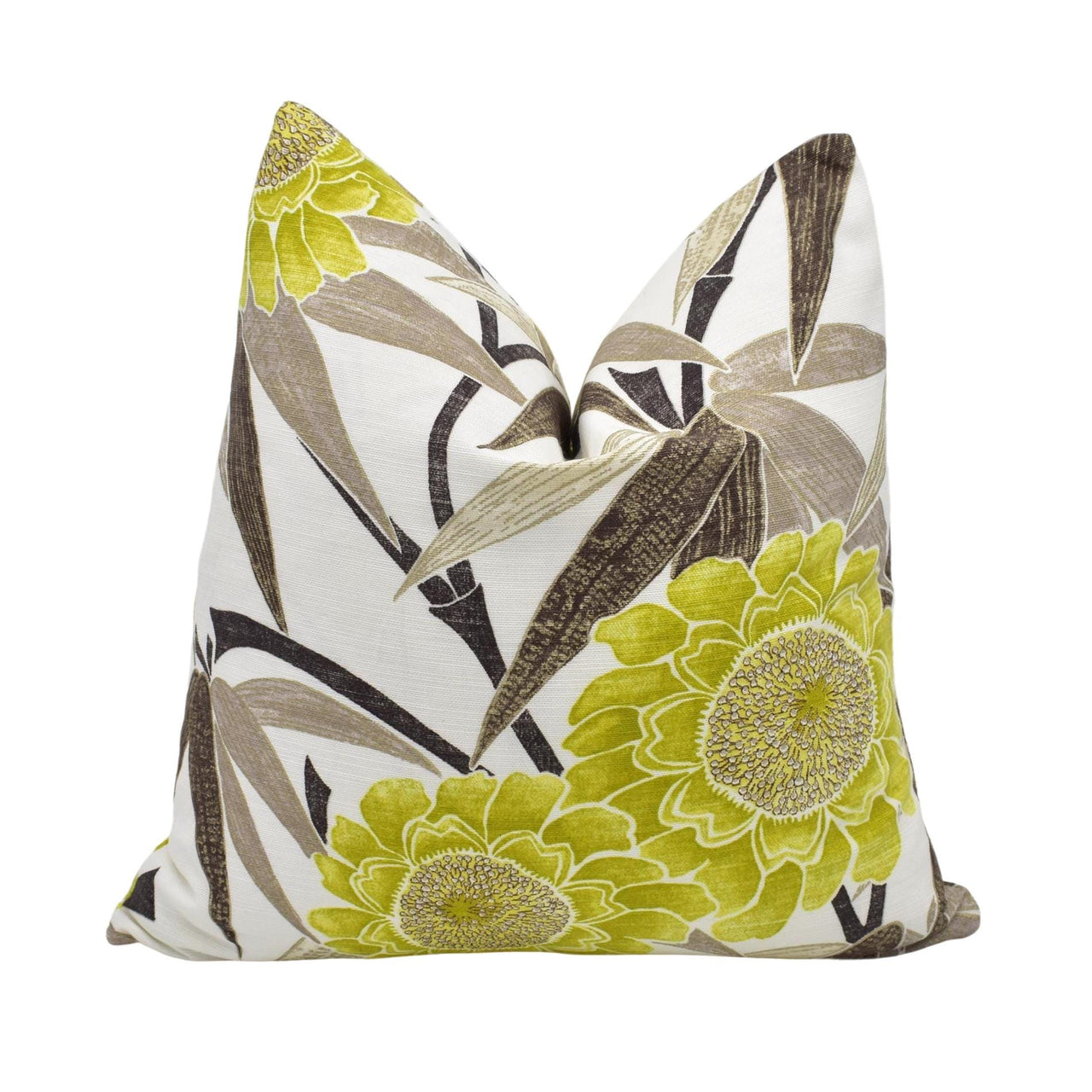 a yellow and brown pillow with flowers on it