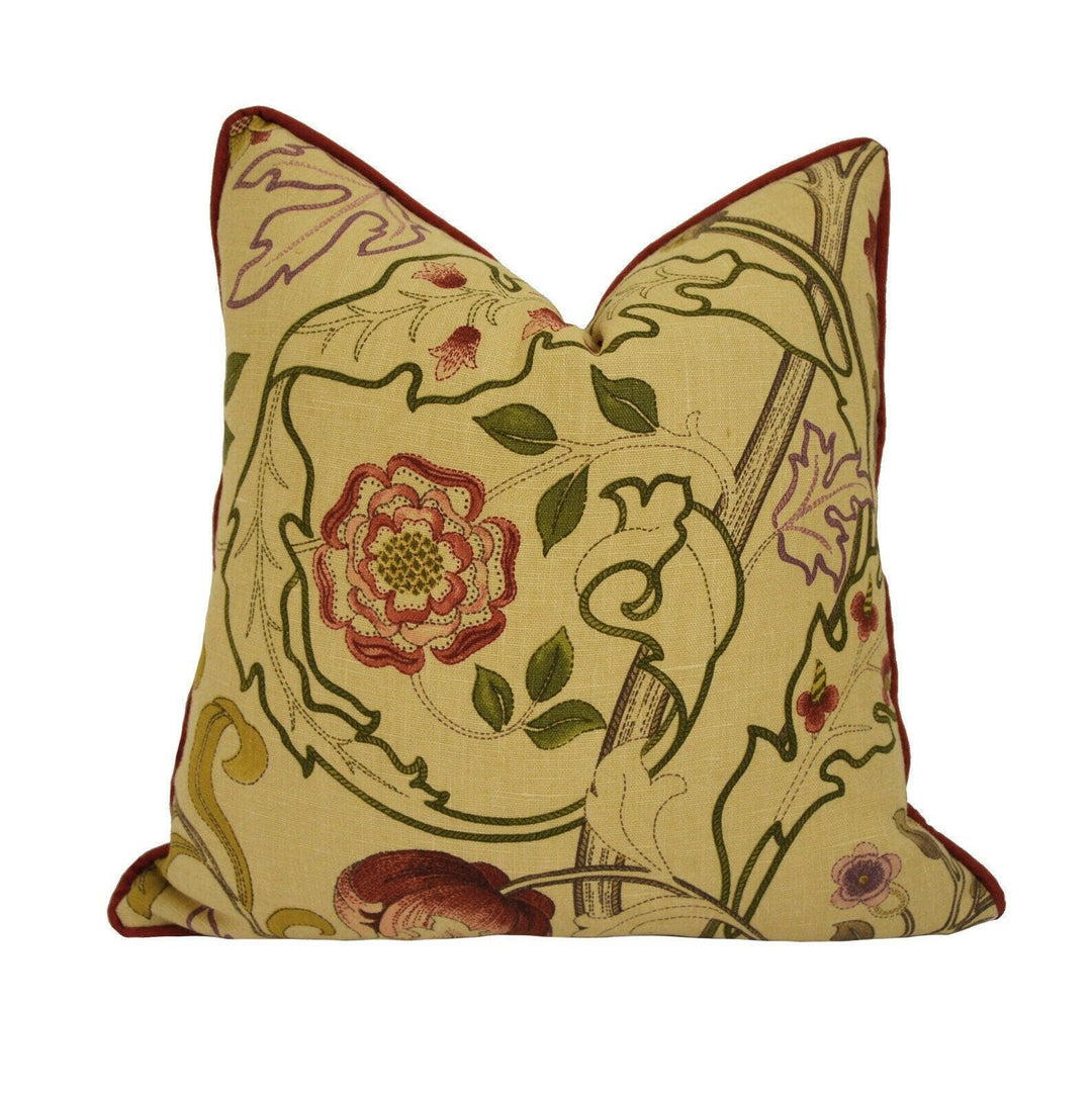 William Morris - Mary Isobel - Red / Gold - Contrast Piped Cushion Cover Throw Pillow Designer Home Decor.