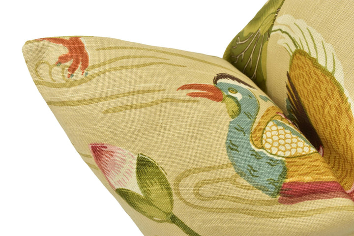 Schumacher - Lotus Garden - 1920's Japanese Designer Cushion Cover - Groovy Neutral Floral Pillow - Oriental Bird Pillow Floral Fauna Decor.