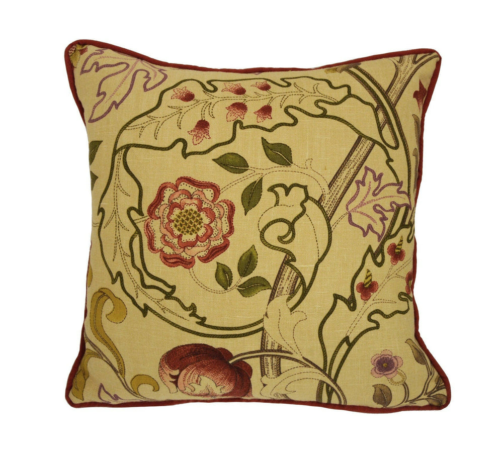 William Morris - Mary Isobel - Red / Gold - Contrast Piped Cushion Cover Throw Pillow Designer Home Decor.