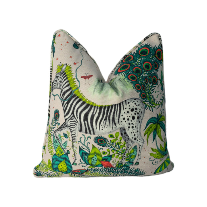 Green Jungle Maximalist Zebra Designer Cushion Cover - Bold and Funky Linen Flora and Fauna - Luxury Throw Pillow Handmade Home Decor.