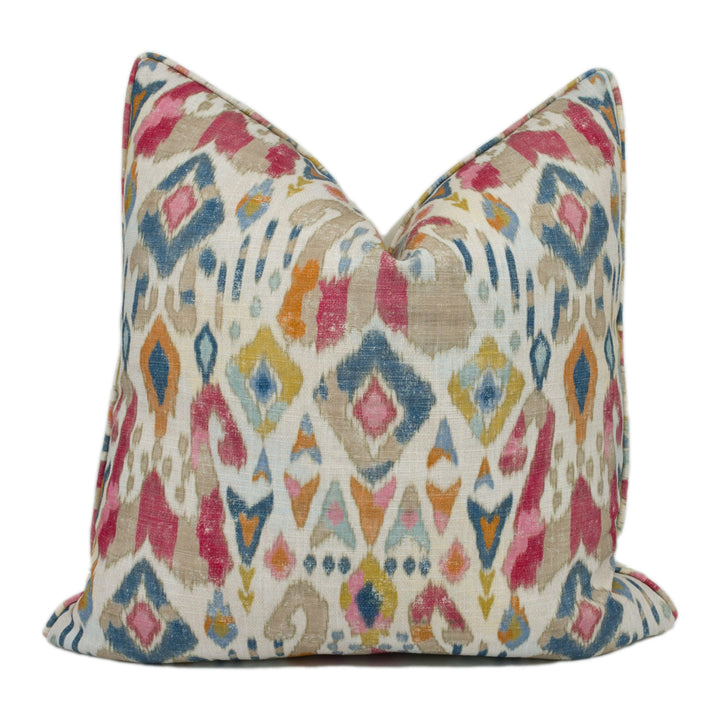 Jane Churchill - Jaru - Red / Multi - Exuberant Antique Ikat Designer Cushion Cover -Handmade Throw Pillow - Luxury Home Décor.
