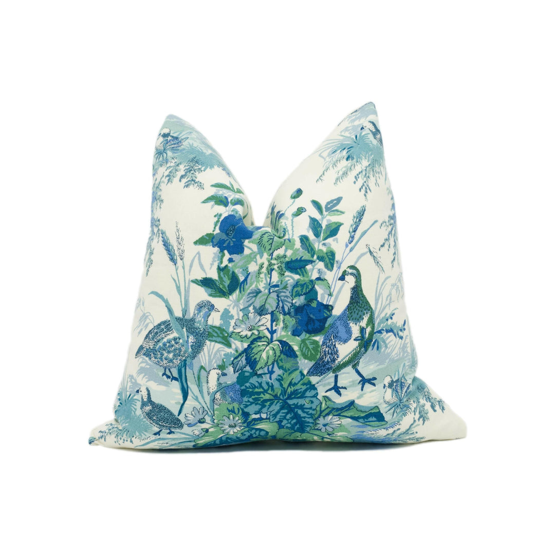 Schumacher - Quail Meadow - Peacock - Traditional Hunting Quail Trio Floral - Designer Cushion Cover Luxury Throw Pillow Handmade Home Décor.