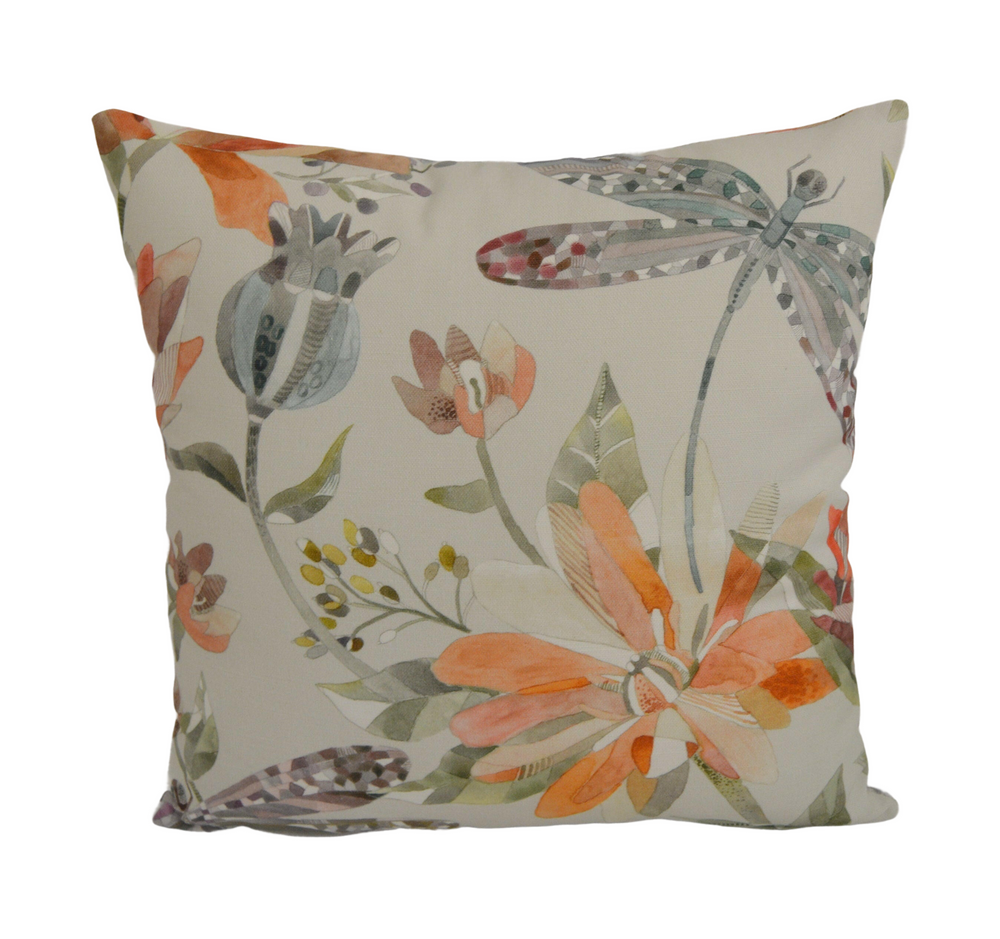 Voyage - Volatus - Cinnamon - Delicate Dragonflies & Abundant Floral Cushion Cover - Handmade Throw Pillow Designer Home Decor.