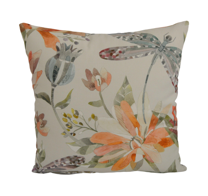 Voyage - Volatus - Cinnamon - Delicate Dragonflies & Abundant Floral Cushion Cover - Handmade Throw Pillow Designer Home Decor.