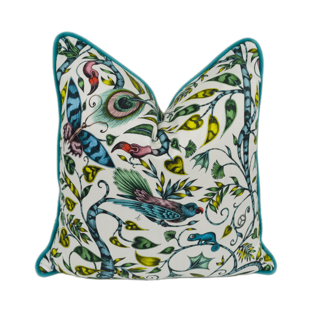 Green & White Funky Maximalist Fantasy Tropical Birds - Bold Flora and Fauna Designer Cushion Cover - Luxury Throw Pillow - Handmade Home.