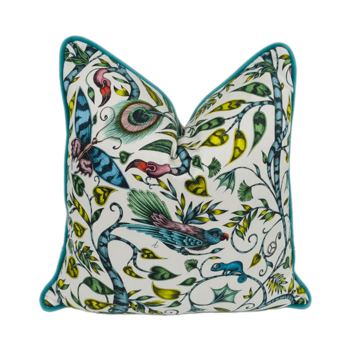 Green & White Funky Maximalist Fantasy Tropical Birds - Bold Flora and Fauna Designer Cushion Cover - Luxury Throw Pillow - Handmade Home.