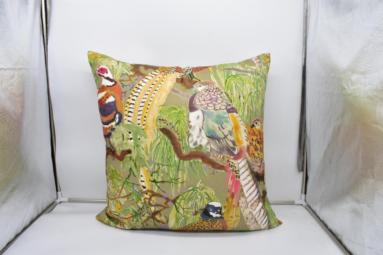 Mulberry - Game Birds Linen - Stone / Multi - Romantic Bohemian Cushion Cover - Luxury Designer Bird Throw Pillow - Neutral Pillow Cover