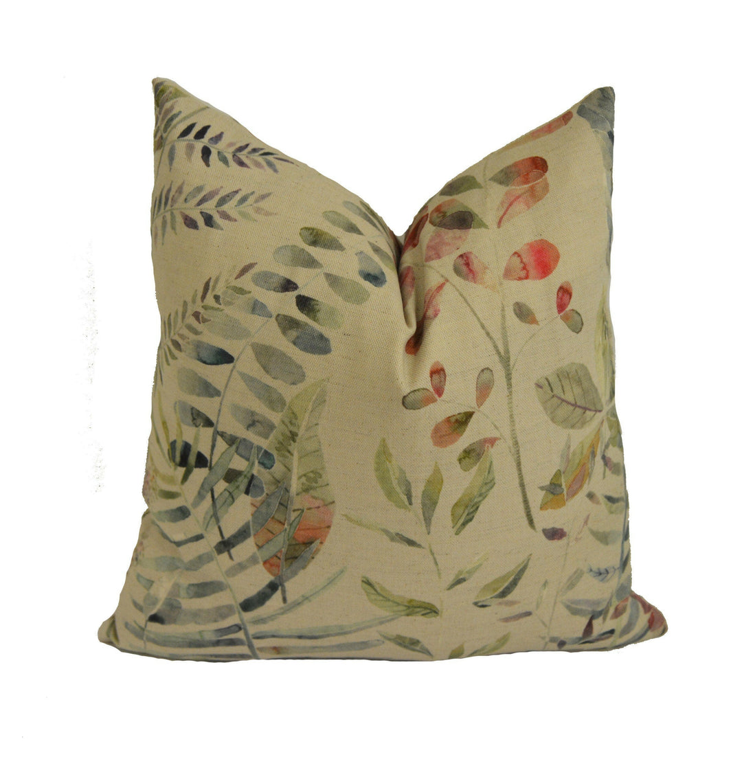 Voyage - Kenton - Pomegranate - Intricate Hand-Painted Watercolour Leaves Designer Cushion Cover - Luxury Throw Pillow - Handmade Home Decor.