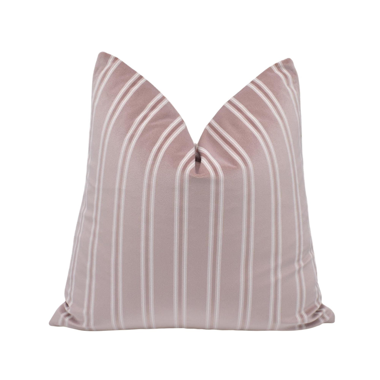 a pink and white striped pillow on a white background