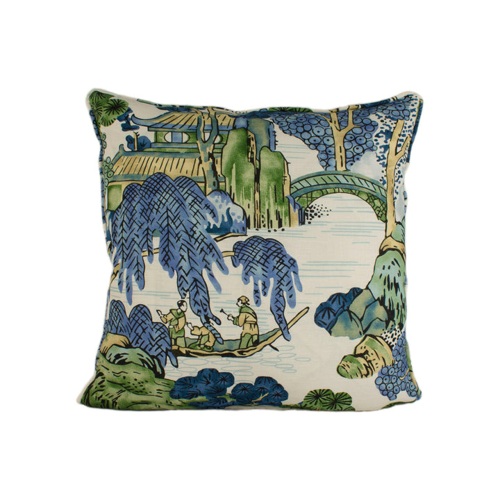 Thibaut - Asian Scenic - Blue and Green - Stunning Designer Cushion Cover Home Décor Throw Pillow.
