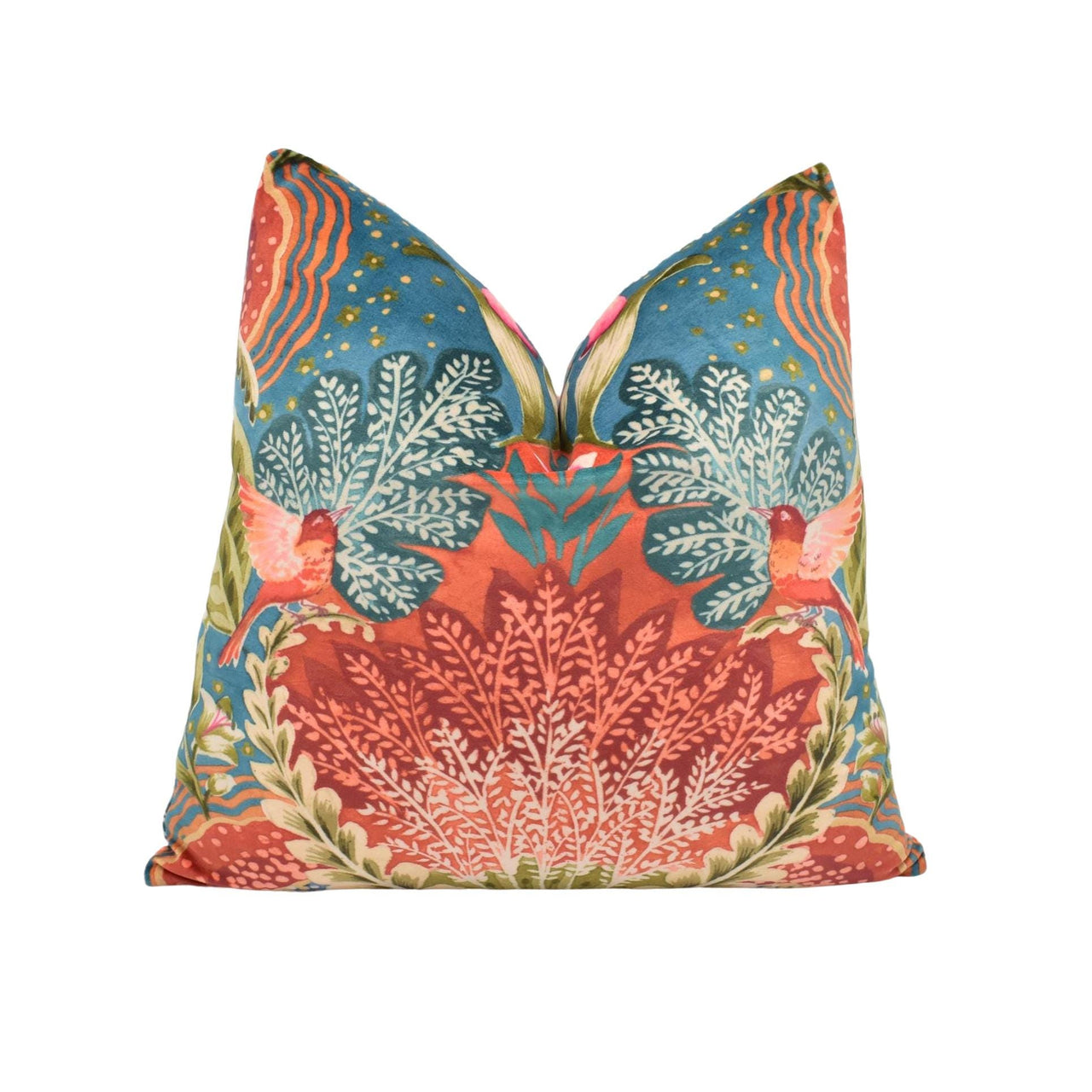 a decorative pillow with an orange and blue floral design