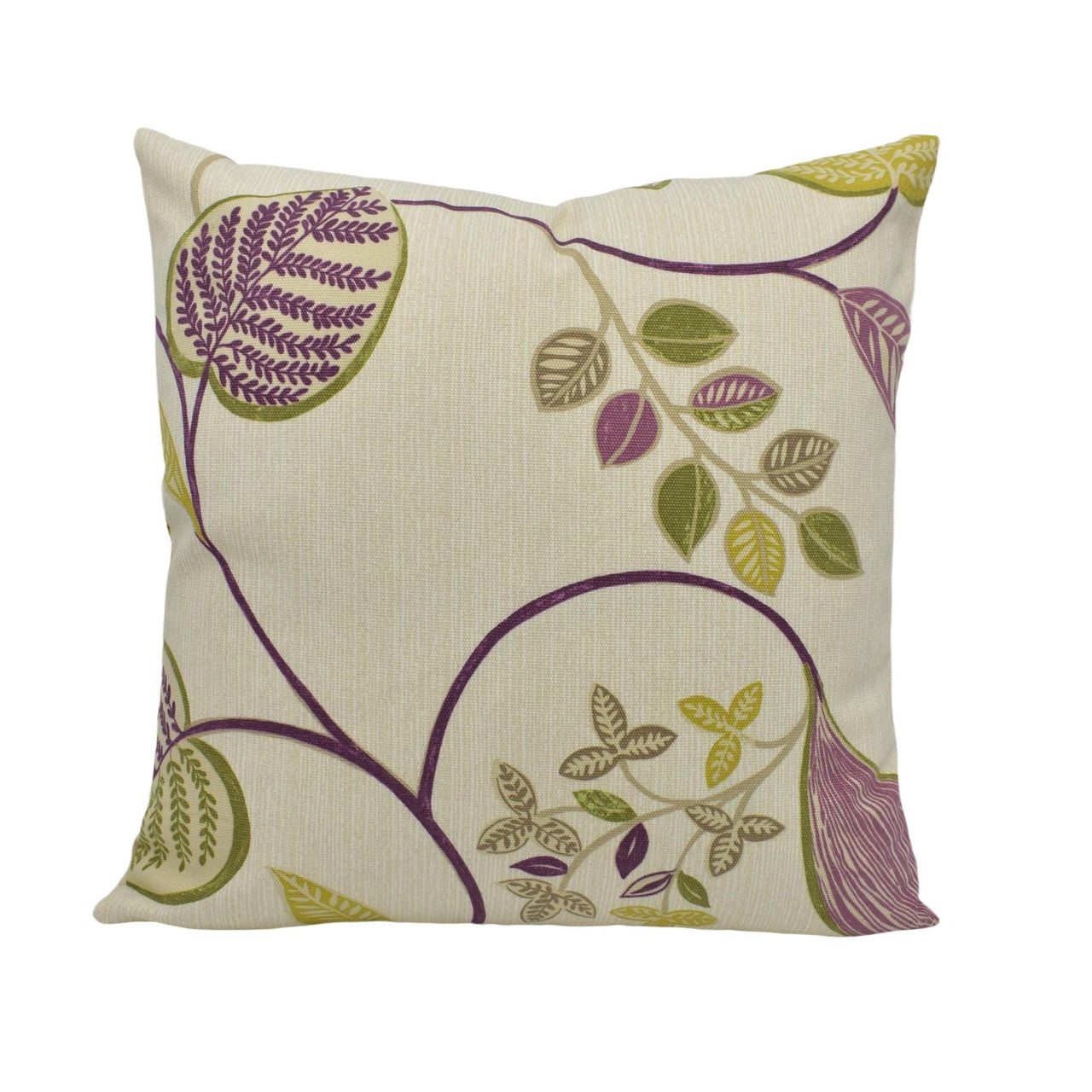 a white pillow with purple and green leaves on it