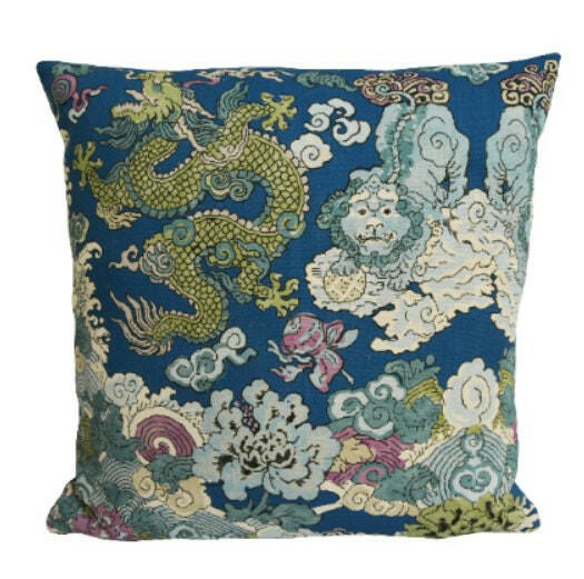 Schumacher - Magic Mountain Dragon - Blue - Fantastical Exotic Statement Cushion Cover - Handmade Throw Pillow - Luxury Home Decor.