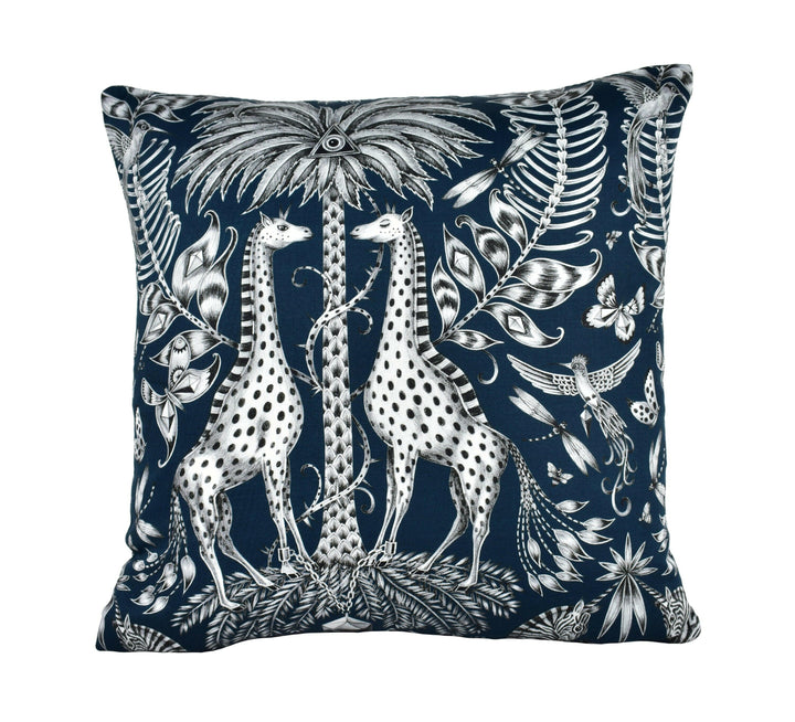 Blue Funky Maximalist Fantasy Giraffes and Zebras  - Bold Flora and Fauna Designer Cushion Cover - Luxury Throw Pillow - Handmade Home.
