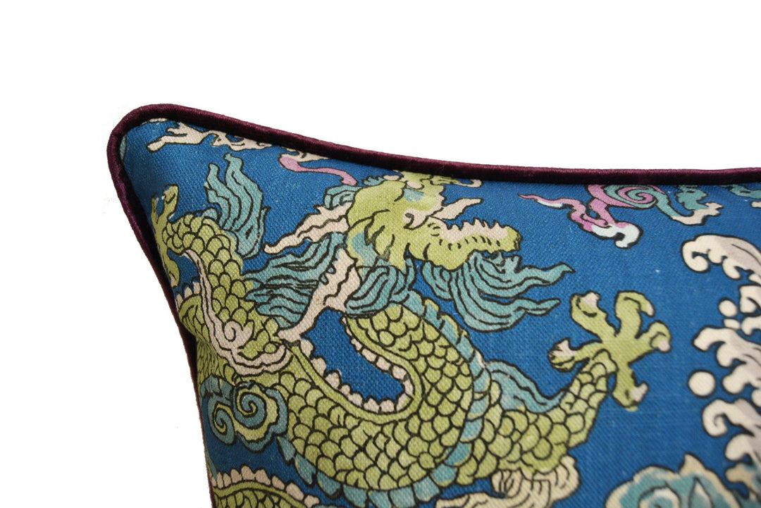 Schumacher - Magic Mountain Dragon - Blue - Fantastical Exotic Statement Cushion Cover - Handmade Throw Pillow - Luxury Home Decor.