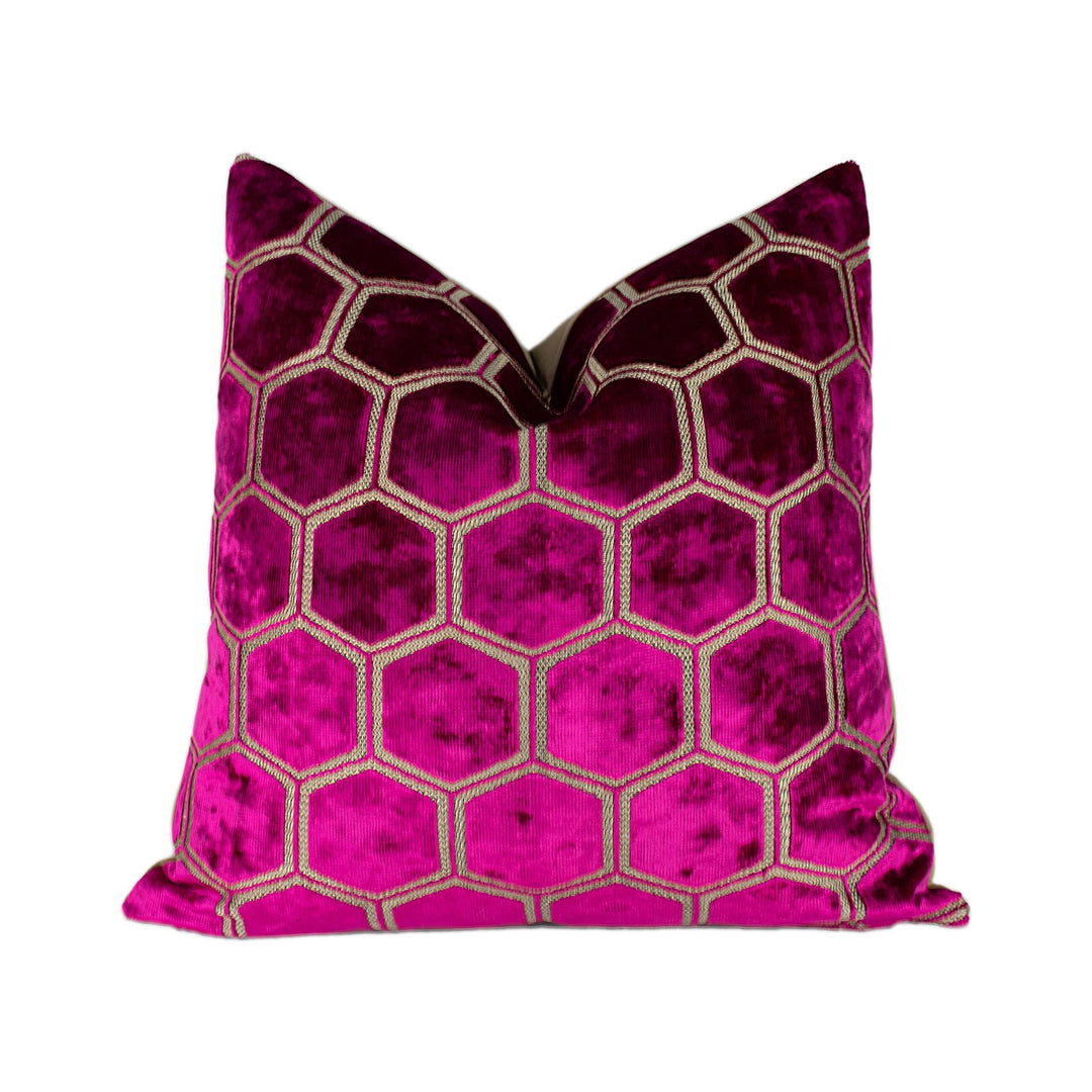 Designers Guild - Manipur - Fuchsia - Stylish Hexagonal Geometric Cut Velvet Designer Cushion Cover - Luxury Throw Pillow - Handmade Home