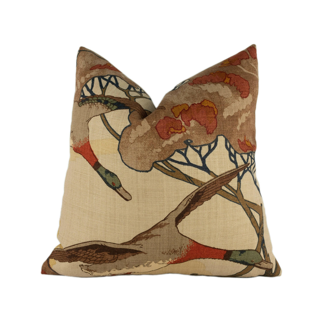 Mulberry - Flying Ducks - Stone / Brown - Majestic Mallard Duck Art Deco Designer Cushion Cover - Luxury Throw Pillow - Handmade Home Decor.