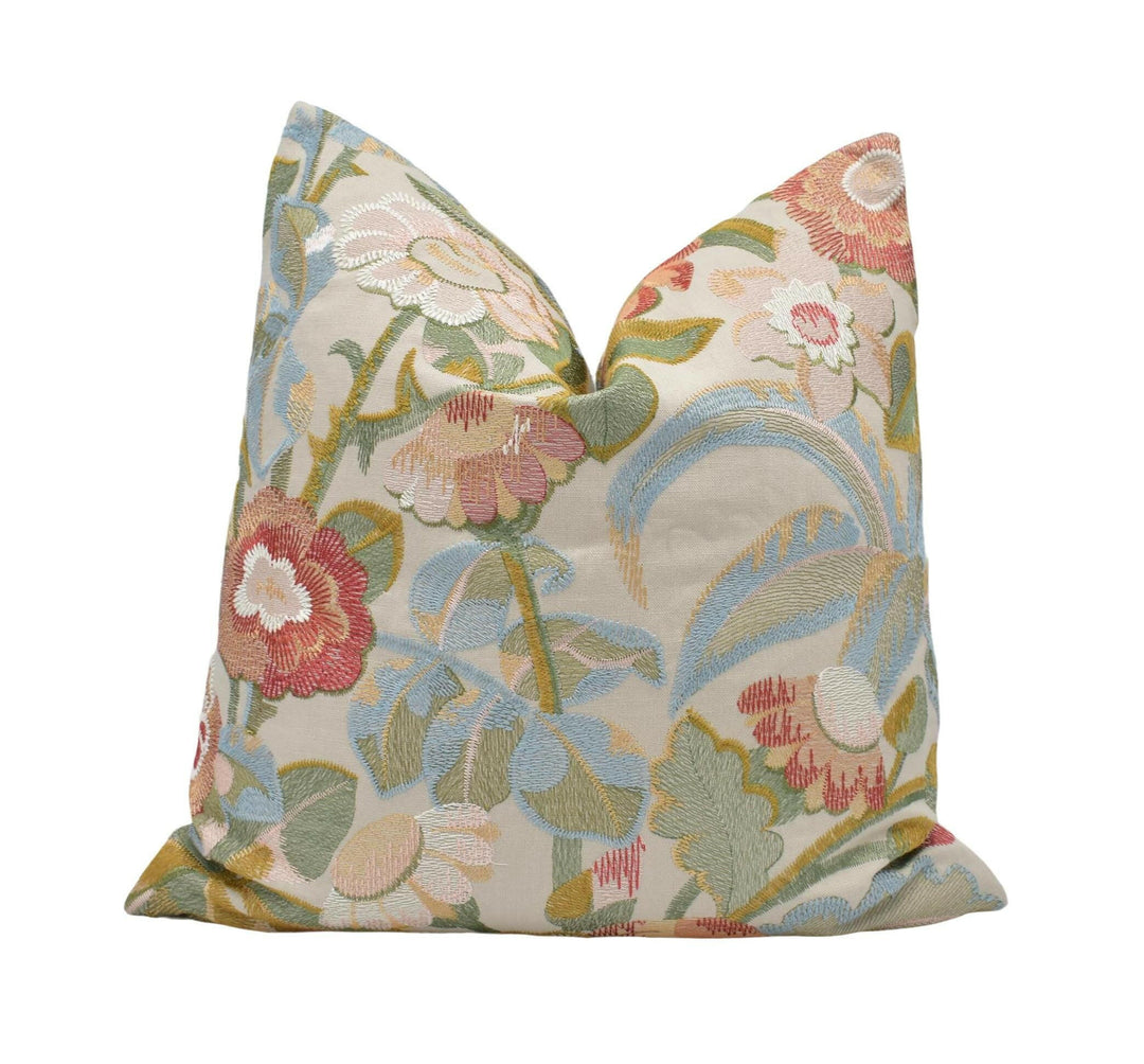 Colefax and Fowler - Tapestry Flowers - Coral - Unique Embroidered Floral Cushion Cover - Custom Arts and Crafts Pillow Cover - Colourful.