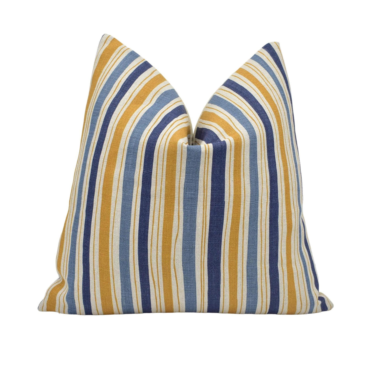 a blue and yellow striped pillow on a white background