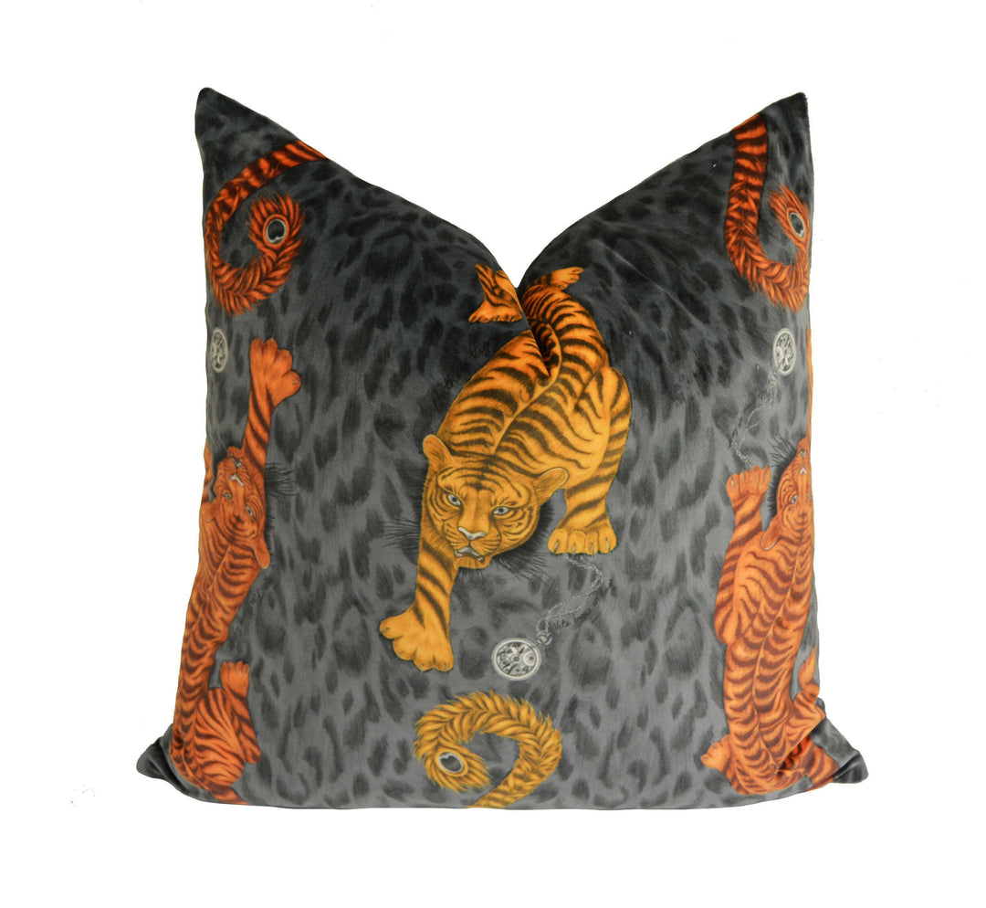 Orange & Grey Velvet Maximalist Tiger Designer Cushion Cover - Bold Flora and Fauna Luxury Throw Pillow - Handmade Home Decor - Funky.