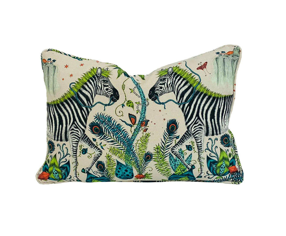 Green Jungle Maximalist Zebra Designer Cushion Cover - Bold and Funky Linen Flora and Fauna - Luxury Throw Pillow Handmade Home Decor.