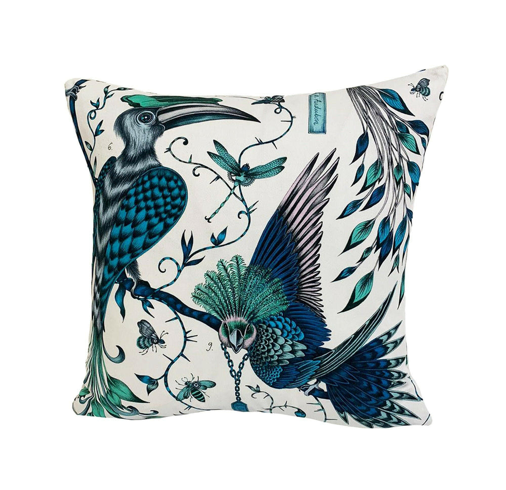 Teal Blue & White Maximalist Fantasy Tropical Birds - Bold Flora and Fauna Designer Cushion Cover - Luxury Throw Pillow - Handmade Home.
