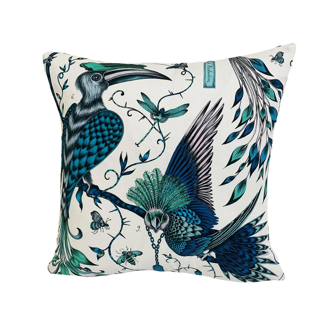 Teal Blue & White Maximalist Fantasy Tropical Birds - Bold Flora and Fauna Designer Cushion Cover - Luxury Throw Pillow - Handmade Home.