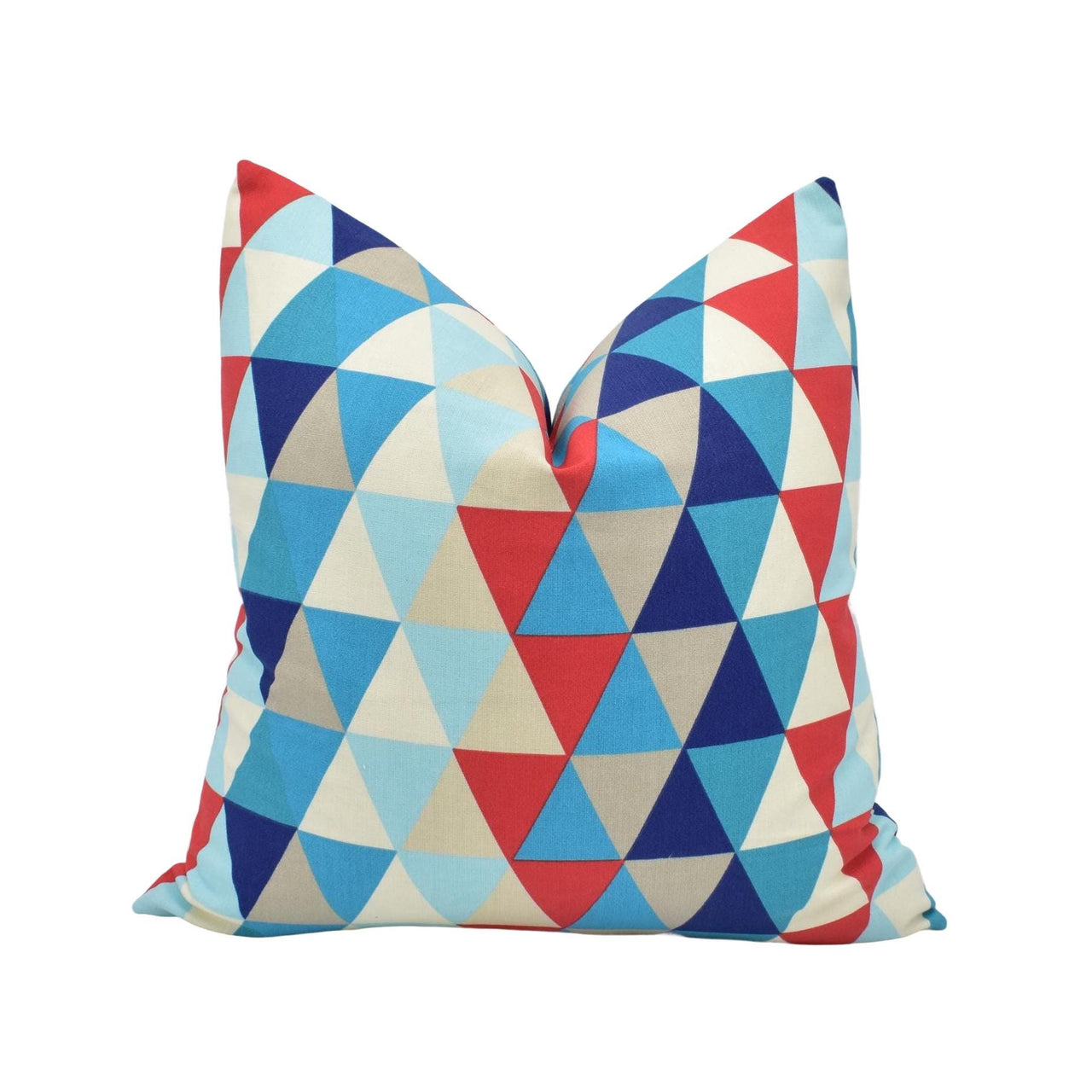 a blue, red and white pillow with a triangle pattern