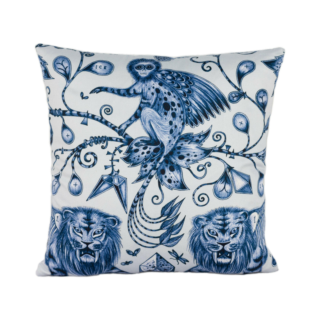 Blue & White Bold Maximalist Monkey Lion Fantasy Designer Cushion Cover - Bold Flora and Fauna Luxury Throw Pillow - Funky Handmade Decor.