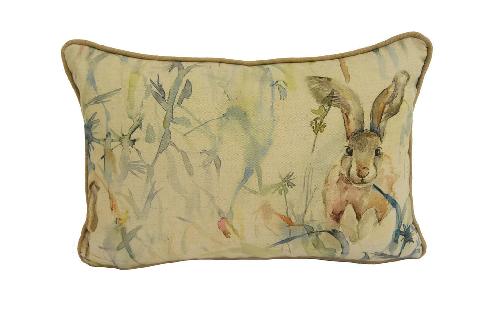 Voyage - Jack Rabbit - Linen - Playful Watercolour Rabbit & Thistle Cushion Cover - Handmade Throw Pillow Designer Home Decor.