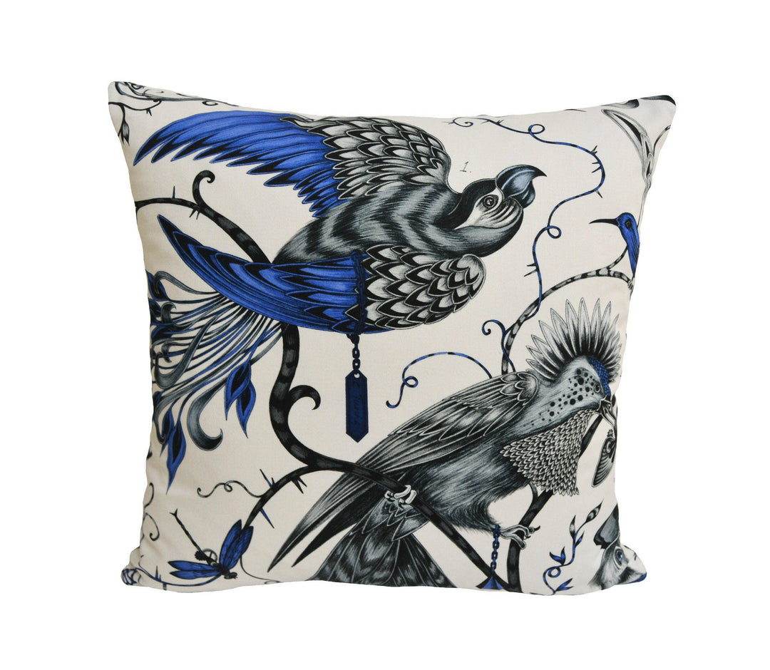 Blue & White Maximalist Fantasy Tropical Birds - Bold Flora and Fauna Designer Cushion Cover - Luxury Throw Pillow - Handmade Home Decor.
