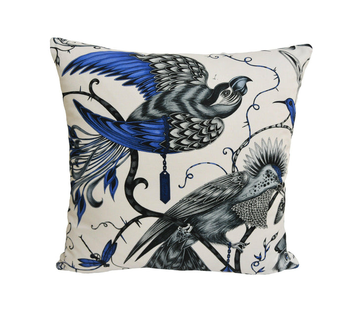 Blue & White Maximalist Fantasy Tropical Birds - Bold Flora and Fauna Designer Cushion Cover - Luxury Throw Pillow - Handmade Home Decor.