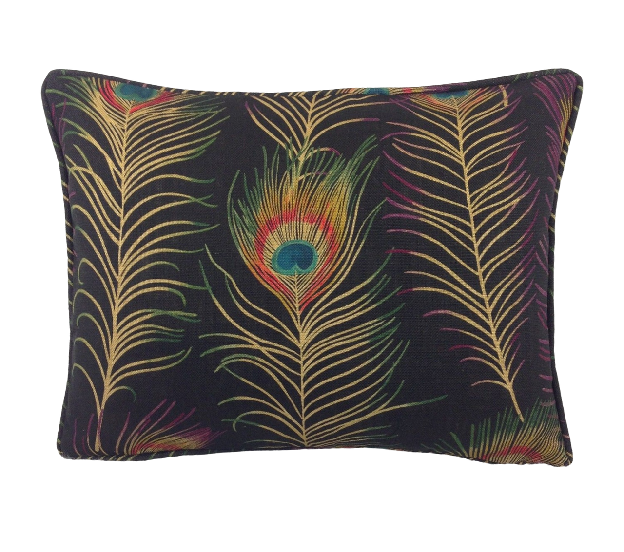 a black pillow with a multicolored peacock feather pattern