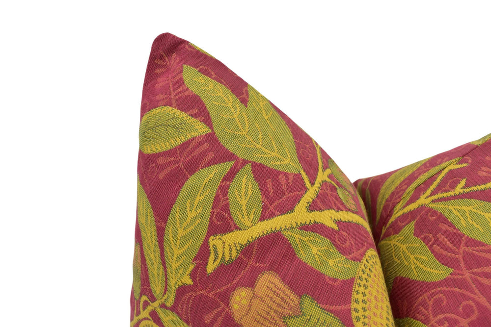 William Morris - Fruit Weave -  Crimson / Thyme - Historical Tapestry Weave Fruit & Flora Designer Cushion - Luxury Handmade Throw Pillow.