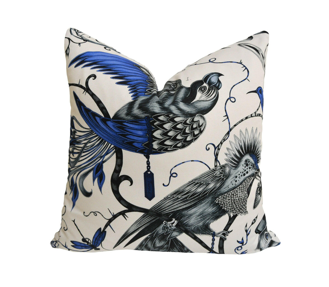 Blue & White Maximalist Fantasy Tropical Birds - Bold Flora and Fauna Designer Cushion Cover - Luxury Throw Pillow - Handmade Home Decor.