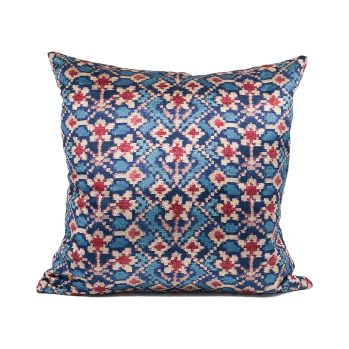 Carolina Irving - Almaty Velvet - Red / Blue - Retro Geometric Floral Designer Velvet Cushion Cover - Luxury Throw Pillow - Handmade Home