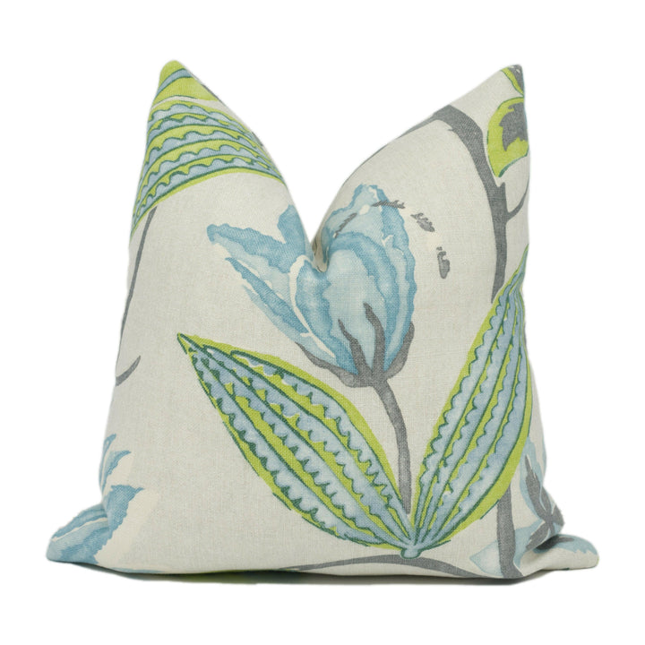 Vervain - La Mairise - 01 - Linen, Green, Aqua / Teal - Stunning Modern Floral Cushion Cover - Handmade Throw Pillow - Designer Home Décor.