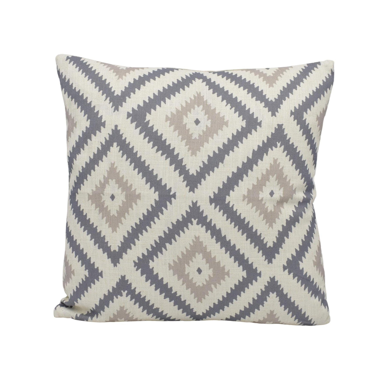 a grey and white pillow on a white background