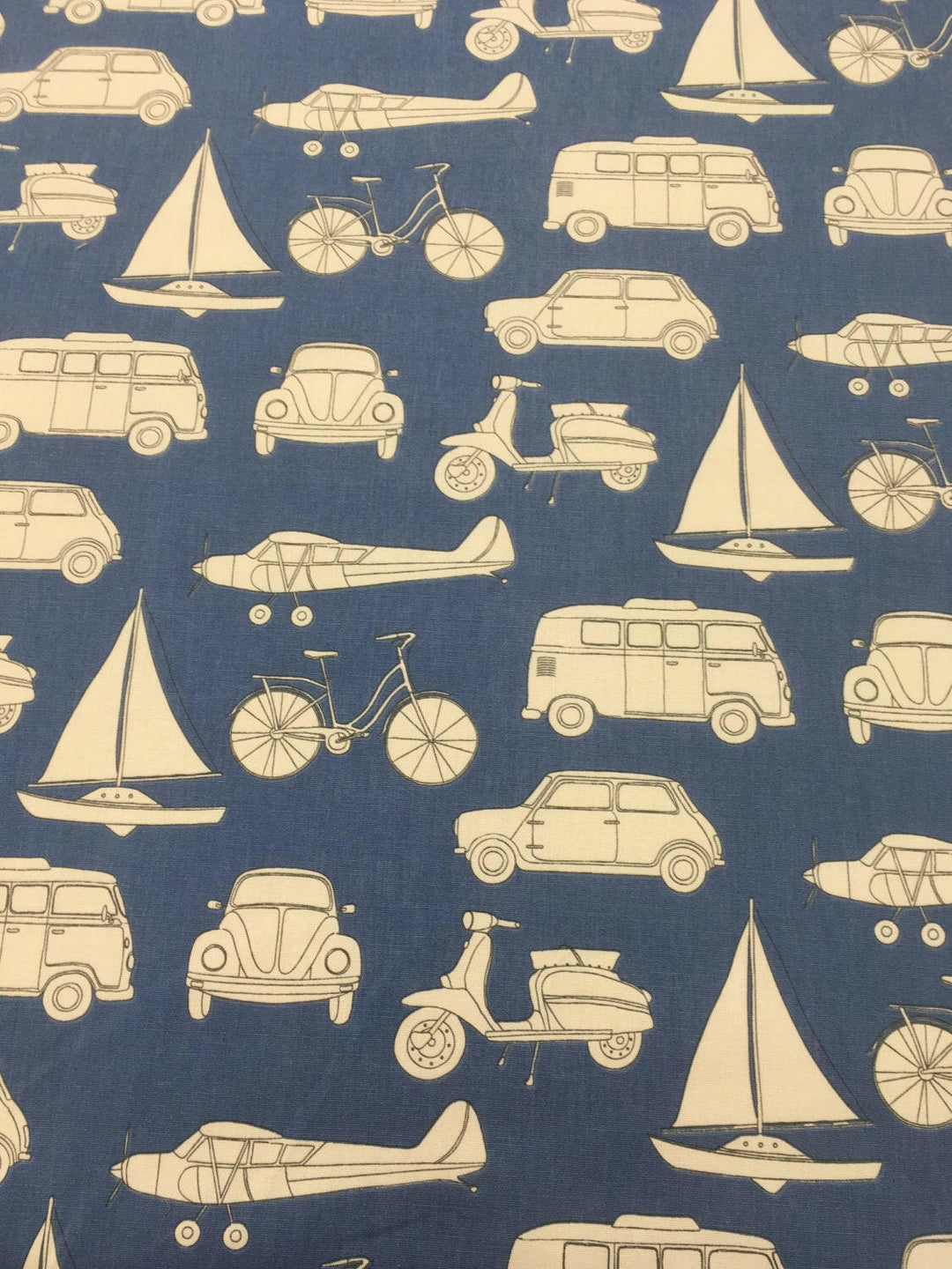 Fryetts 'Automobiles' Dark Blue Designer Fabric - Buy Per Metre.
